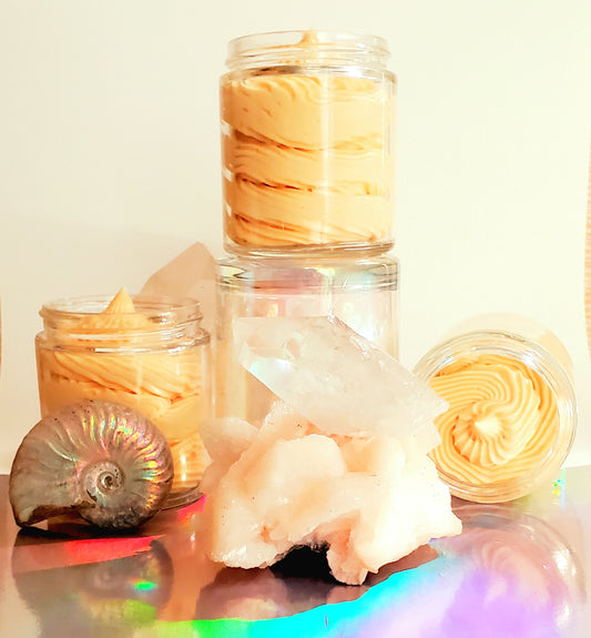 Alchemy Meta-Magnesium Body Recovery Butter, a beautiful peachy colored aesthetic, with sunburn soothing, stress relieving, and anti-inflammation powers. Smells like sweet floral tea on a summer day, this aromatic chronic pain fighter is your new best friend. Infused with Reiki, Crystal, and 528Hz healing frequency energy always.