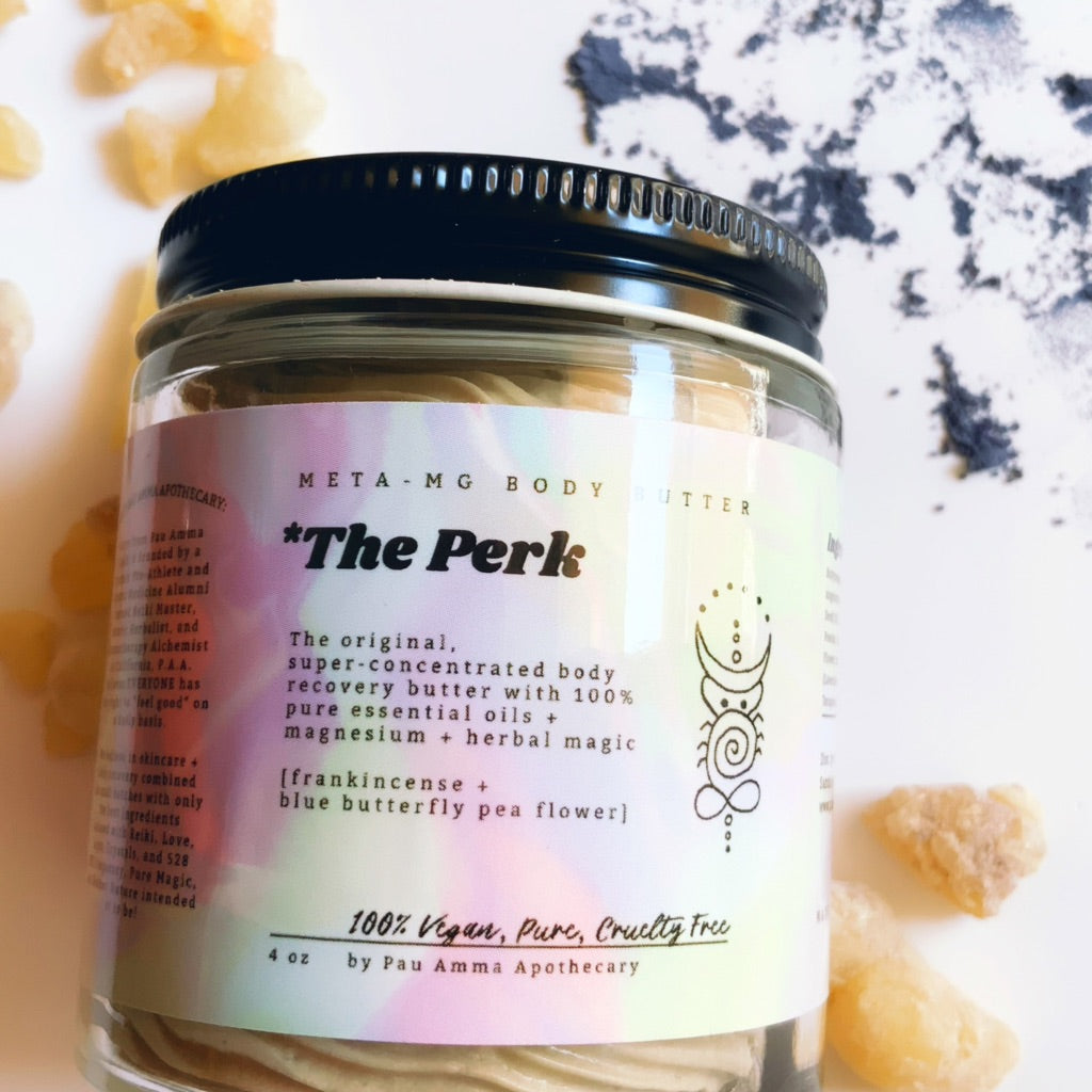 The Perk” Meta-Magnesium Body Recovery Butter, made with sacred Frankincense resin tears, Blue Butterfly Pea Flower, and rich Organic Hemp Seed Oil. Bring the power of this ancient anti-aging ritual into your skin care routine, while also fighting cellulite, inflammation, and chronic pain. Plus infused with Quartz Crystal, Reiki, and 528HZ healing frequency— This body butter has it all! 