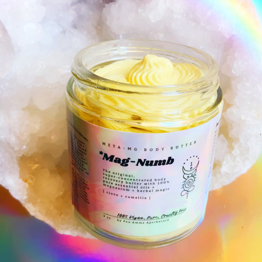 Mag-Numb The Original Meta-Magnesium Body Recovery Butter, smells like Fall in a jar, chronic pain relief, anti-inflammation power, sore muscle recovery without the menthol scent! Plus major skin rejuvenation and lymphatic health benefits. The color of a bright yellow sun, the magic in this jar is unmatched. Reiki, Crystal, and 528Hz healing frequency energy infused always.