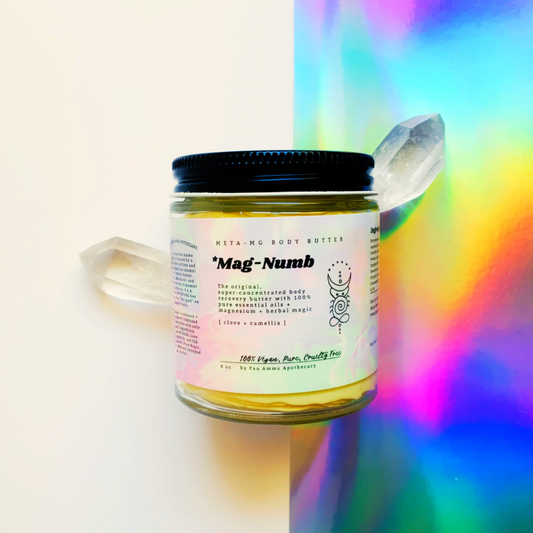 Mag-Numb The Original Meta-Magnesium Body Recovery Butter, smells like Fall in a jar, chronic pain relief, anti-inflammation power, sore muscle recovery without the menthol scent! Plus major skin rejuvenation and lymphatic health benefits. The color of a bright yellow sun, the magic in this jar is unmatched. Reiki, Crystal, and 528Hz healing frequency energy infused always.