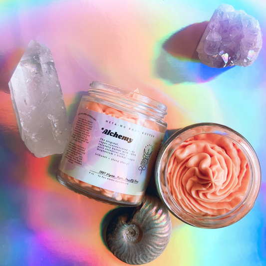 Alchemy Meta-Magnesium Body Recovery Butter, a beautiful peachy colored aesthetic, with sunburn soothing, stress relieving, and anti-inflammation powers. Smells like sweet floral tea on a summer day, this aromatic chronic pain fighter is your new best friend. Infused with Reiki, Crystal, and 528Hz healing frequency energy always.